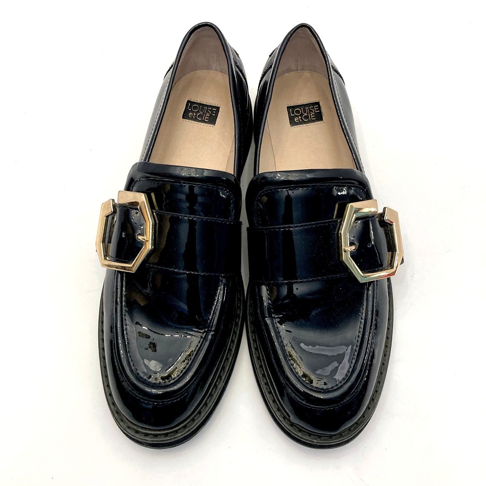 Louise et Cie Lo-Exlixen Patent Leather Loafers Black Chunky Buckle Womens 9 40